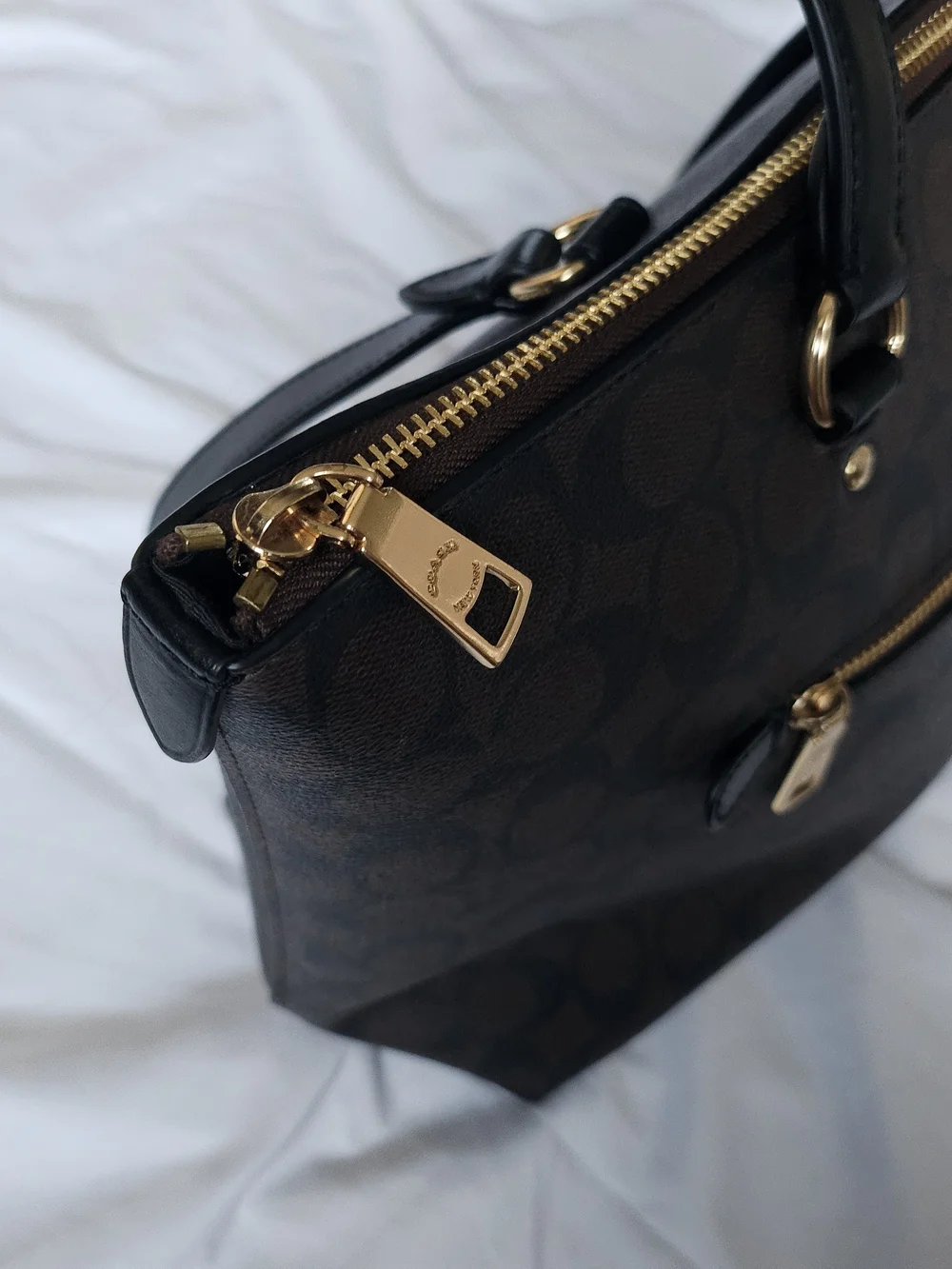 COACH Brown Signature Canvas Tote with Black Leather Straps